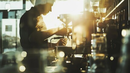 A barista stands at the espresso machine, pulling a shot of espresso. The sunlight streams in from the window, creating a warm and inviting atmosphere.