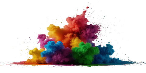 Colorful smoke rainbow painted holi fog festival background. Colorful rainbow paint color smoke cloud explosion isolated on transparent background.