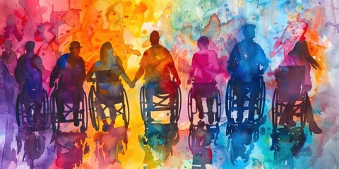 Colorful art watercolor painting depicts a diverse group of International Day of Disabled Persons, disability day