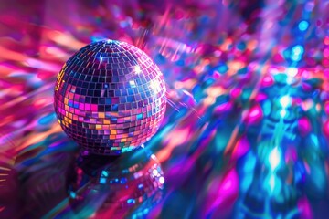 Obraz premium Colorful bright disco ball, unreal trippy rave party.