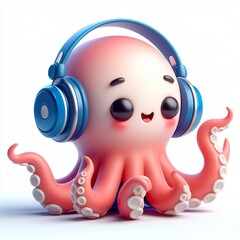 Obraz premium cute 3D funny cartoon Octopus with small wireless headphone on head smiling and dancing, white background