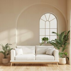 Bright living room with arched window, white sofa, and potted plants.