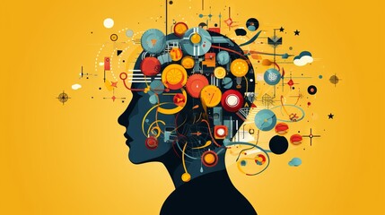 Silhouette of a human head with abstract elements inside, symbolizing thoughts and ideas, on a yellow background.