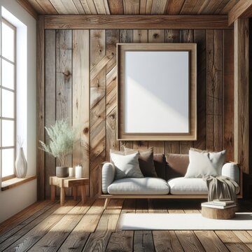 Blank Art Print Photo Frame Mockup Template Of Living Room Minimalism Modern Mediterania Tropical Rustic Wood