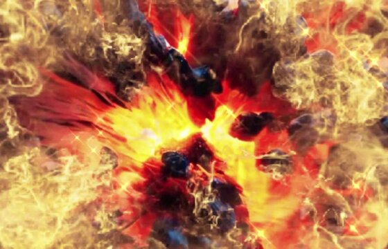 Powerful explosion with black smoke cloud motion