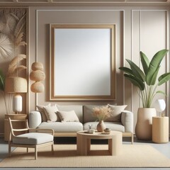 Blank Art Print photo frame mockup template of living room minimalism modern mediterania tropical rustic wood