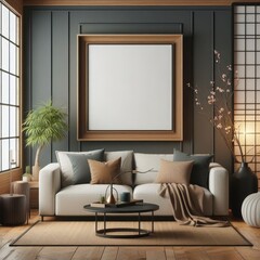 Blank Art Print photo frame mockup template of living room minimalism modern mediterania tropical rustic wood