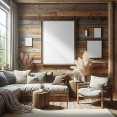 Blank Art Print photo frame mockup template of living room minimalism modern mediterania tropical rustic wood
