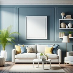 Blank Art Print photo frame mockup template of living room minimalism modern mediterania tropical rustic wood