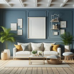 Blank Art Print photo frame mockup template of living room minimalism modern mediterania tropical rustic wood