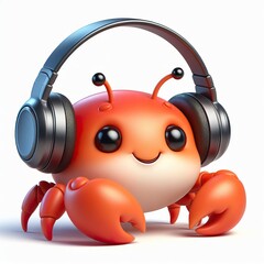 cute 3D funny cartoon Crab with small wireless headphone on head smiling and dancing, white background