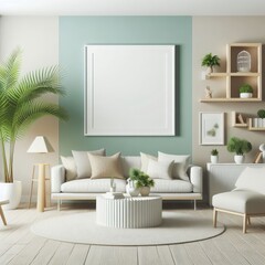 Blank Art Print photo frame mockup template of living room minimalism modern mediterania tropical rustic wood