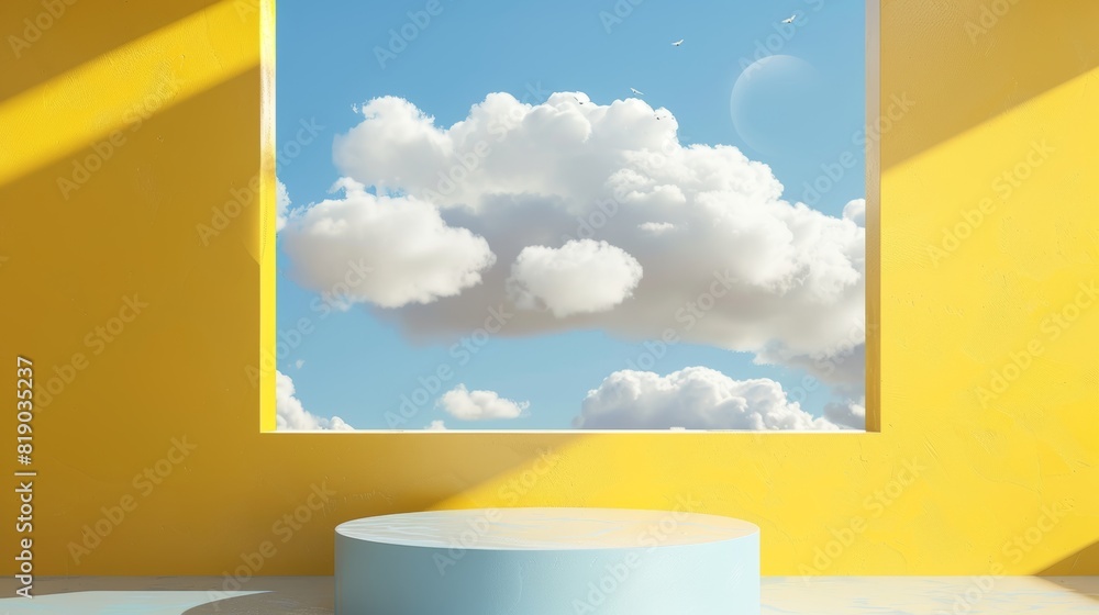 Poster a 3d render with a blue sky inside a yellow window on the yellow wall. white clouds fly inside the e