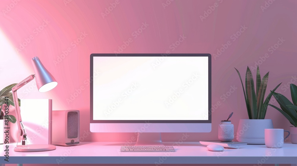 Poster conceptual 3d mockup of a minimalist desktop with empty screen for text, and logo replacement. illus