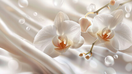 Obraz premium 3D wallpaper white orchid flowers with silk and bubbles background