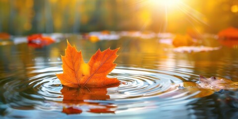 Colorful fall leaves in pond lake water, floating autumn leaf. Fall season leaves in rain puddle. Sunny autumn day foliage.