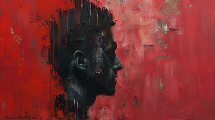 A dark, abstract painting of a man's profile against a red textured background. The man's face is shadowed, with dripping paint effects blending into the background.