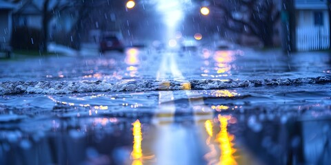 After a heavy rain a large stream of muddy water floods streets. Concept Natural disaster, Flooding, Heavy rain, Muddy water, Emergency response