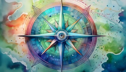 Fototapeta premium A classic compass rose with ornate details, set against a softly blurred map background