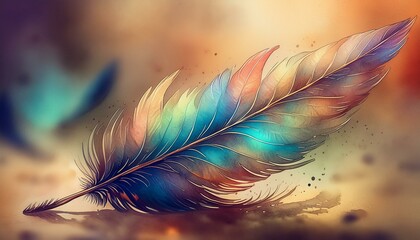 A detailed feather quill with fine barbs, resting on a softly blurred background of aged 