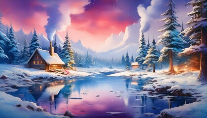 A snowy winter landscape at twilight, with a frozen pond reflecting the purples and blues
