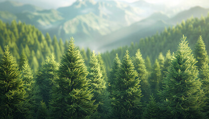 Capture the lushness of evergreen forests with towering pine trees close up, focus on greenery  vibrant  Fusion  Mountain landscape backdrop