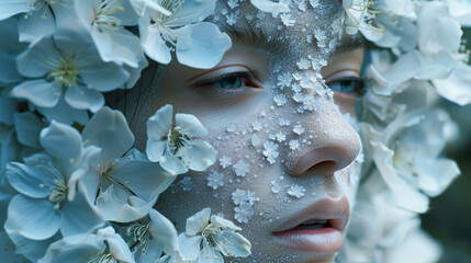 Close-up of a person's face adorned with white flowers and petals, creating a serene and artistic look. The face is partially covered with small white flowers, giving a dreamy and ethereal appearance.
