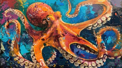 Obraz premium Colorful oil color painting of an orange octopus on a colorful background
