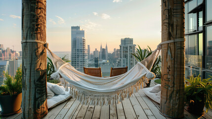 Hammock on the roof top in big city