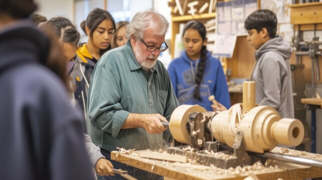 A skilled woodworker demonstrates lathe techniques to a group of engaged young apprentices in a well-equipped workshop. AIG41
