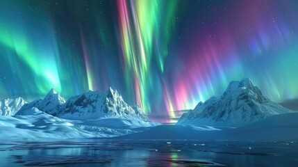 Colorful polar lights in an arctic landscape. Beautiful aurora borealis