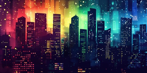 Colorful Silhouette Background of Urban Building at Night.