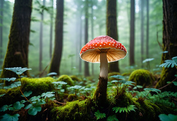 Fototapeta premium Explore the enchanting world of nature with a vibrant mushroom standing tall in a dense forest