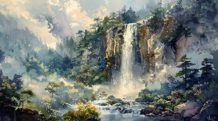 An inspiring watercolor painting of a majestic waterfall cascading down a rocky cliffside, surrounded by lush vegetation and mist, capturing the beauty of nature's power and serenity. 