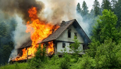 burning house in the forest, fire problem