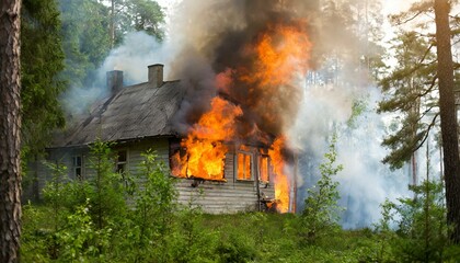 burning house in the forest, fire problem