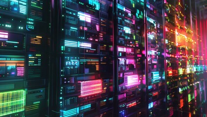 a large server room with rows of glowing, colourful, hightech hard drives. In the style of dark cyberpunk.