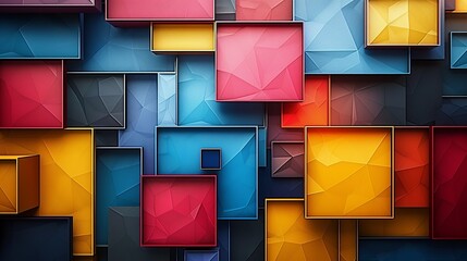 Geometric Background, Colorful background with layered squares, triangles, and curves Illustration image,