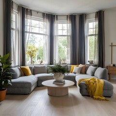 White modular sofa with orange vibrant pillows against concrete wall. Loft minimalist interior design of modern living room, home.