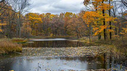 A photograph of the beautiful fall colors in the woods with an overcast sky and pond, with some water lilies floating on top, taken with a wide angle lens