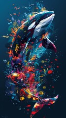 A digital art piece featuring an orca surrounded by vibrant coral reef life in an underwater scene