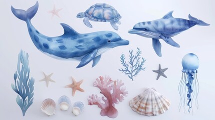 Sea animals and shells on a seaweed background. Nautical dolphin illustration, jellyfish, starfish, and turtle in blue watercolor.