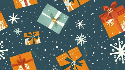 Seamless pattern with gift boxes and snowflakes
