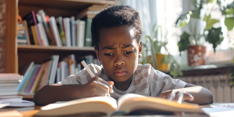 Concentrated black boy child doing his homework at home. The boy struggles to read a book