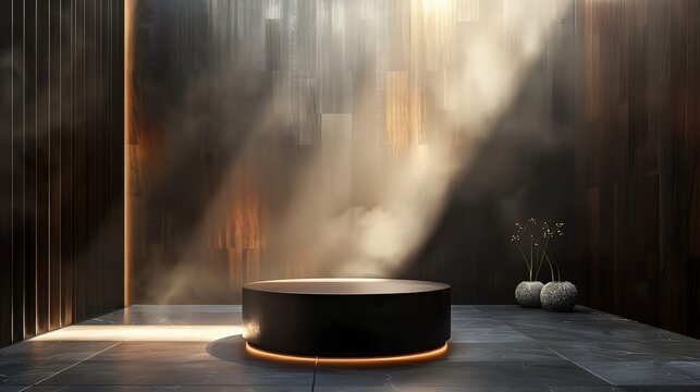 A luxury black showcase podium in a highend store setting, with a spotlight illuminating an exclusive product The scene conveys an air of sophistication and exclusivity