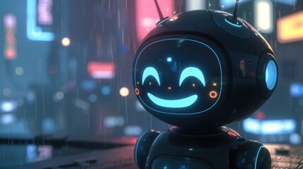 Concept art friendly kawaii bot with glowing smiling face on the screen.