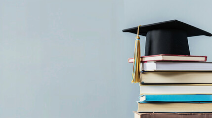 Photo of a stack of books with an academic cap 