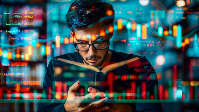 Young man reading a book, double exposure with stock market graphs. Concept of financial education and learning