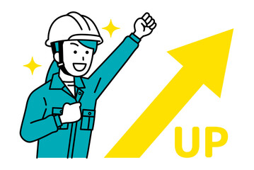 上昇する矢印とガッツポーズで喜ぶ作業員の女性