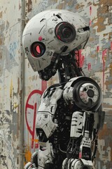 Fototapeta premium A futuristic robot weathered with time against an urban graffiti background